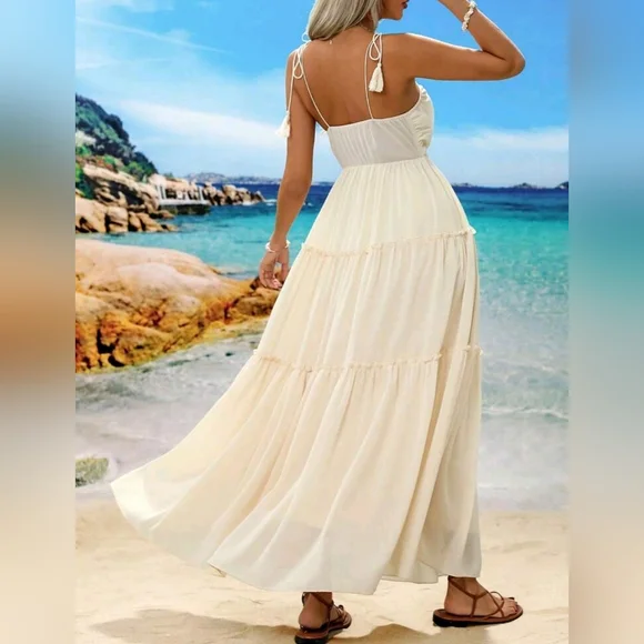 New Boho Tassel Tie Ruched Cami Tiered Maxi Dress Cream Ivory Beige - Picture 6 of 9